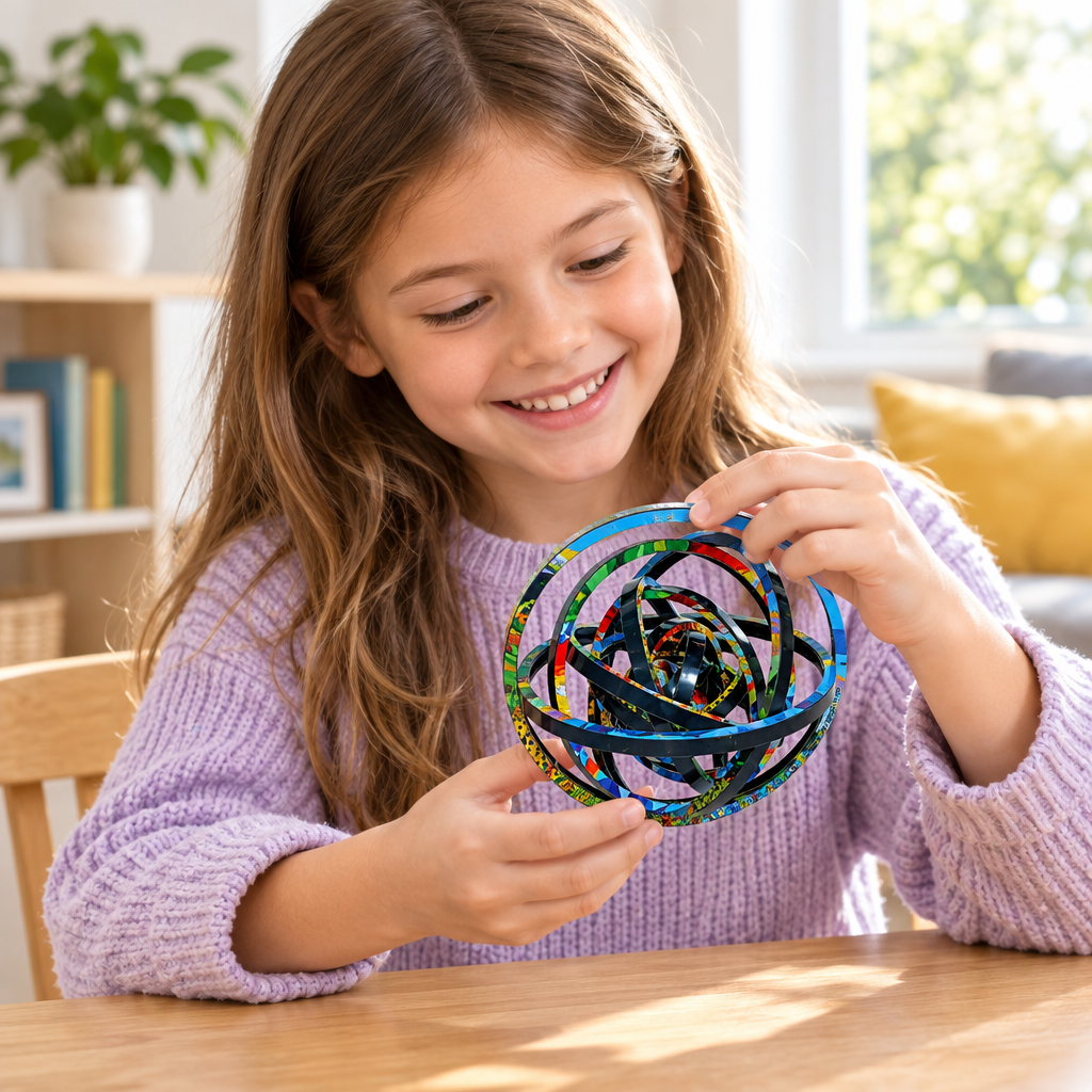 Child smiling while playing with a colourful 3D rotating puzzle toy at a table