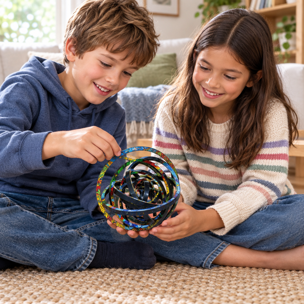 Two children enjoying screen-free play with a colourful 3D rotating puzzle toy